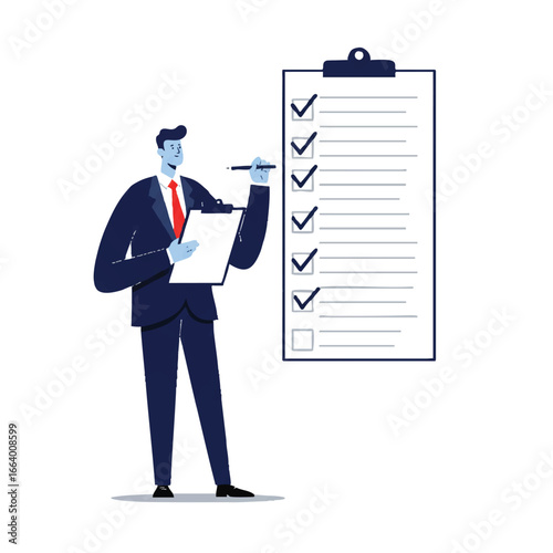 A minimalist 2D flat vector illustration shows a diligent businessman with a clipboard meticulously checking off tasks from a long list, signifying thoroughness and efficient productivity.