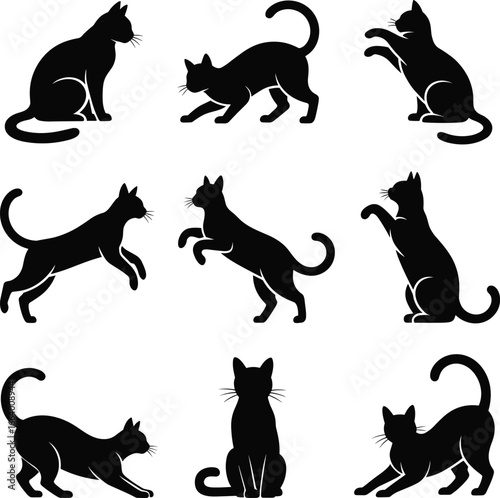 Black cat silhouette collection, feline poses vector set, sitting, jumping, stretching, playful kitten shapes, animal behavior, pet design elements
