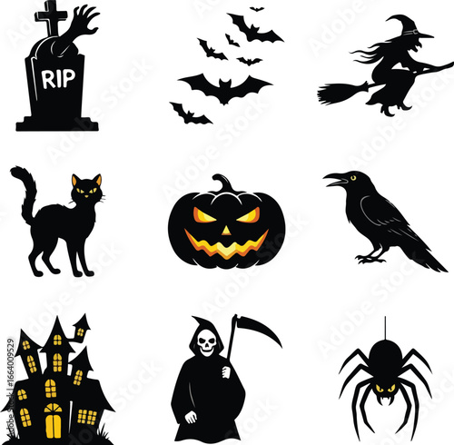 Halloween spooky icons set.