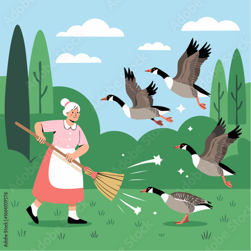 Vector Image:  wild goose chase - old woman chasing canadian geese out of her yard with a broom 9