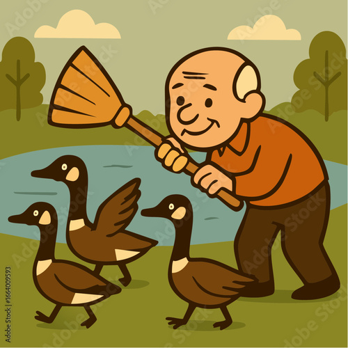 Vector Image:  wild goose chase - old man chasing canadian geese out of his yard to the nearby pond with a broom 3