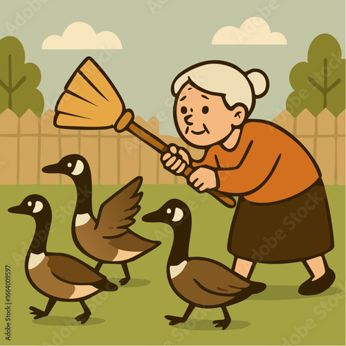 Vector Image:  wild goose chase - old woman chasing canadian geese out of her yard with a broom 2
