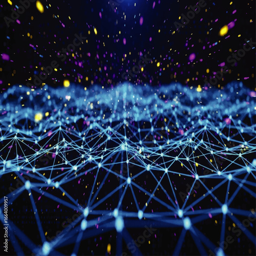Abstract digital network visualization with interconnected nodes and glowing particles, futuristic design.