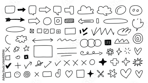 Vector art of hand drawn doodle shapes for bullet journal, notes, or graphic design projects with a playful and artistic touch