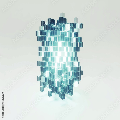 Abstract arrangement of translucent blue cubes with a bright, glowing center, suggesting energy or a technological core.