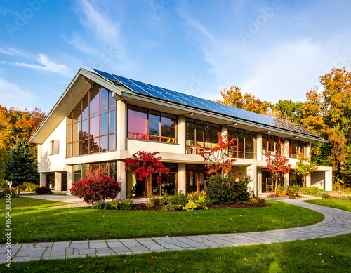 Modern house with solar panels in autumn setting