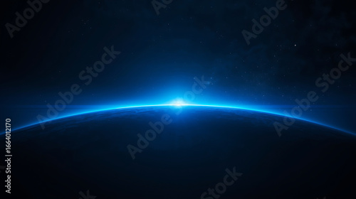 The futuristic cosmic scene features a glowing blue horizon of a planet, a radiant light emerging over its curved edge, creating a sunrise effect.