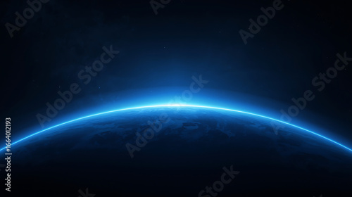 Wallpaper Mural The futuristic cosmic scene features a glowing blue horizon of a planet, a radiant light emerging over its curved edge, creating a sunrise effect. Torontodigital.ca