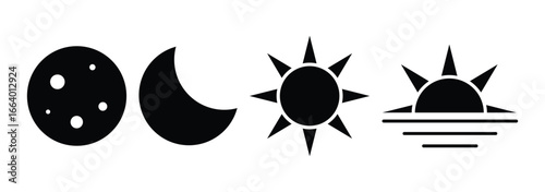 Sun and moon icons set. Time of the day signs. Day and night weather forecast symbol silhouette icons. Crescent moon and star.