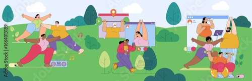Online Fitness Training Vector Illustration Outdoors