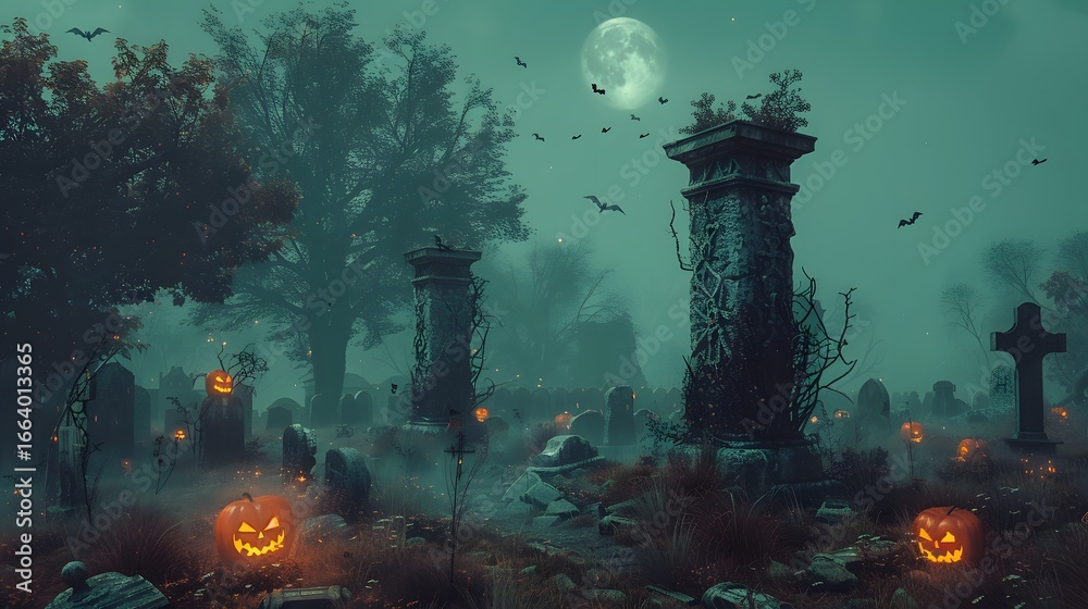 Obraz premium A fog covered graveyard under the eerie glow 