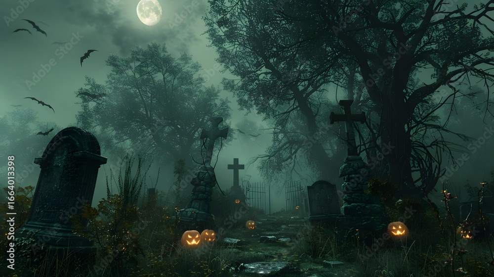 Obraz premium A fog covered graveyard under the eerie glow 