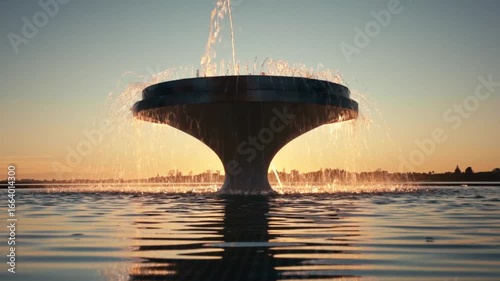 A large water fountain back lit by a colorful sunrise