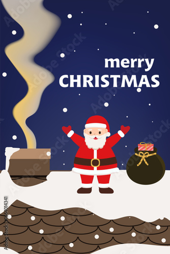 Santa Klaus on the roof covered with snow and a bag of present. Christmas Vector Illustration