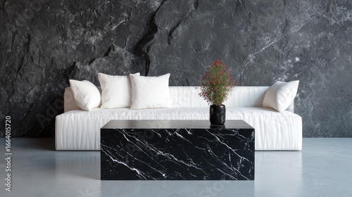 Modern living room with black and white decor.