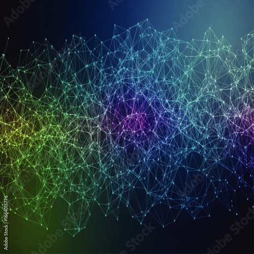 Abstract network of interconnected nodes forming a complex, colorful structure against a dark background.