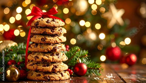 Stack of Chocolate Chip Cookies Tied with Red Ribbon, Festive Christmas Tree Bokeh Background.
