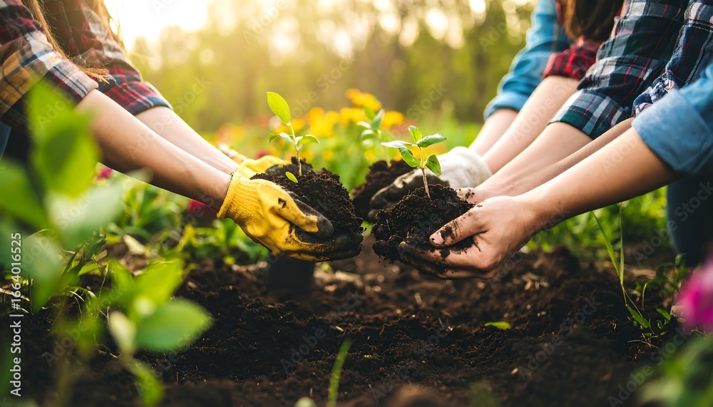 Fototapeta premium Hands carefully planting young saplings in rich, dark soil, bathed in warm sunlight, creating a harmonious scene of teamwork and nature.