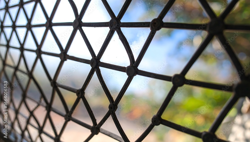 Fototapeta premium Close Up Of A Diamond Patterned Window Lattice With Blurred Background And Sunlight