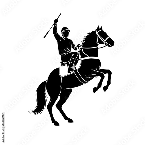 Dynamic black silhouette of an equestrian horse and jockey in mid-air during a powerful jump