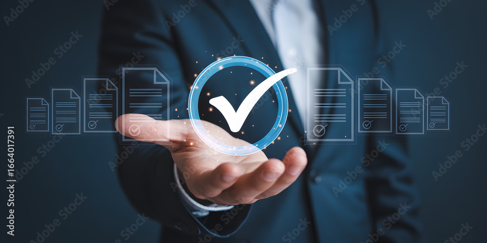 Fototapeta premium Streamline workflows with easy digital approval process, checkmark for document confirmation