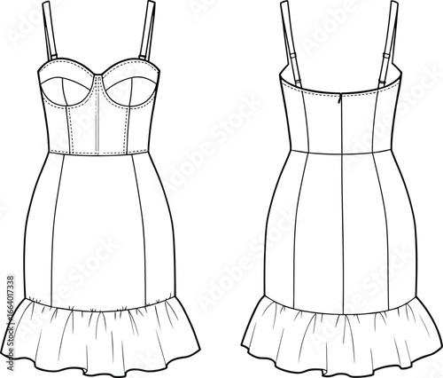 Fashion technical sketch of a trendy bodycon ruffle dress with spaghetti straps, bustier top, and contour seam details
