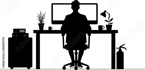 illustration of a man working on a computer, computer, office, desk, business, work, chair, table, silhouette, people, laptop, vector, woman, cartoon, sitting, person, illustration, 3d, worker, workin