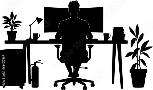 illustration of a man working on a computer, computer, office, desk, business, work, chair, table, silhouette, people, laptop, vector, woman, cartoon, sitting, person, illustration, 3d, worker, workin