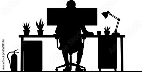 illustration of a man working on a computer, computer, office, desk, business, work, chair, table, silhouette, people, laptop, vector, woman, cartoon, sitting, person, illustration, 3d, worker, workin