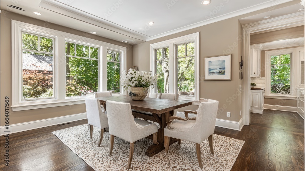 Fototapeta premium A light-filled dining room with large windows and a rustic wooden table.