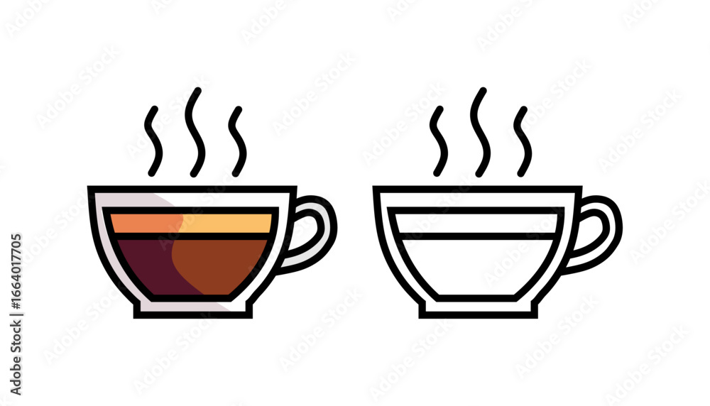 Obraz premium A set of two icons depicting a hot coffee or tea in a mug, with one in a full-color version and the other in a simple outline. Perfect for coffee shop menus, apps, and websites.