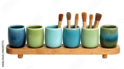 Set of colorful blue and green ceramic cups with art and makeup brushes on wooden stand. Isolated on Transparent background. High quality PNG file