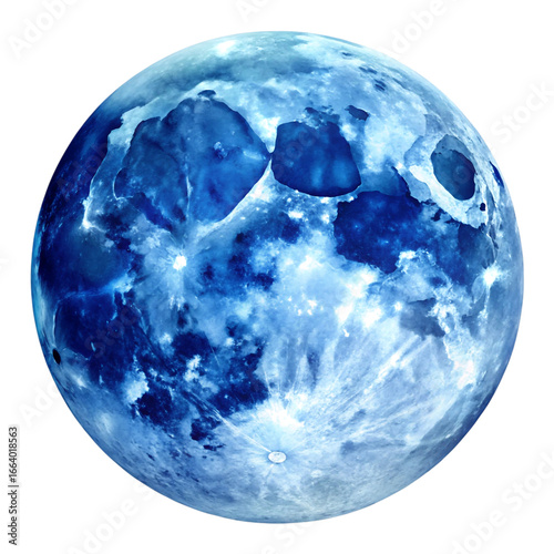 Vibrant blue moon with detailed craters isolated on transparent background