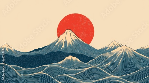 Japanese background with line wave pattern vector. Abstract template with geometric pattern. Mountain and ocean object in oriental style.
