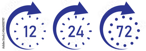 Clock Arrow Icon Set | , 24, 48, 72 Hours Time Symbols. Classic Outlined and Minimal Timers. Symbol work time, delivery and service time vector illustration.