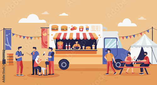 This colorful flat design illustration depicts a lively food truck serving delicious treats to happy attendees at a bustling outdoor music festival.