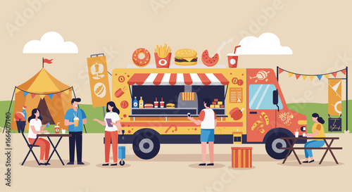This colorful flat design illustration depicts a lively food truck serving delicious treats to happy attendees at a bustling outdoor music festival.