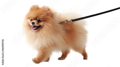 A fluffy Pomeranian dog on a leash with a happy expression, against a white isolated background.