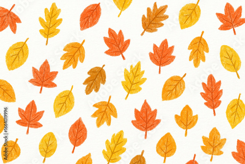Seamless crayon hand-drawn fallen leaves pattern on white background