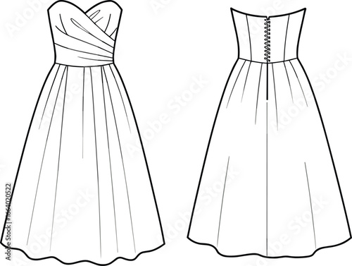 Elegant strapless evening gown dress sketch, front and back view, perfect for fashion designers, bridal wear, or clothing patterns
