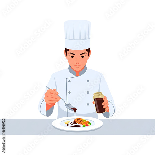 Chef plating food in restaurant, pouring sauce on plate, culinary art, cuisine