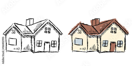Grunge sketch house vector for real estate, home ownership, and family concepts. Useful for illustrating distressed properties, home repairs, or an edgy, hand-drawn look.