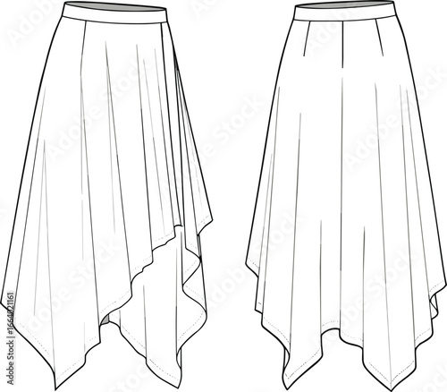 Elegant handkerchief hem skirts vector illustration, asymmetrical flowy midi skirts fashion design, front and back technical flat sketch