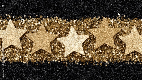 Gold glitter stars on a black sequin background.
