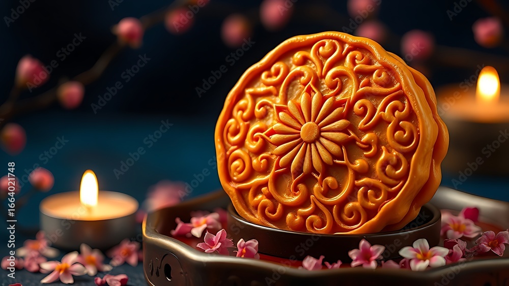 Fototapeta premium A golden mooncake with floral designs sits on a tray amid osmanthus blossoms.