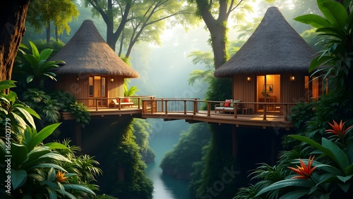 Conceptualize a treehouse-style eco-resort deep in a tropical rainforest.