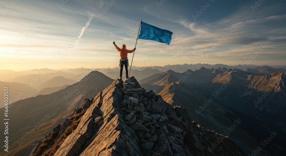 Obraz premium Climber celebrates atop mountain peak waving a blue flag with a stunning panoramic view showcasing achievement and inspiring adventure
