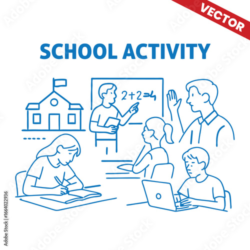 School Activity Outline Graphic Illustration: Students Engaged in Classroom Activities with Teacher in Front of Blackboard
