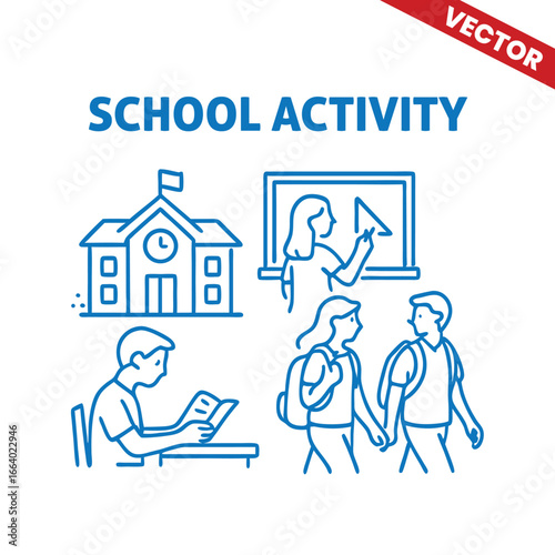 Outline Graphic Illustration of School Activity: Teacher and Students Interacting During Math Lesson in Classroom