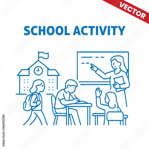 School Activity Outline Graphic Illustration: Teacher Explains Math While Students Study and Participate in Class